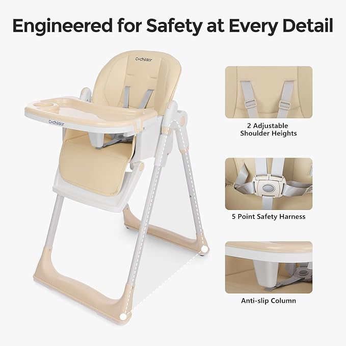 Cochildor 3-in-1 Foldable High Chair for Babies & Toddlers – Adjustable Height, Reclining Seat, 5-Point Safety Harness, Removable Tray, Lockable Wheels and Washable Cushion, Beige