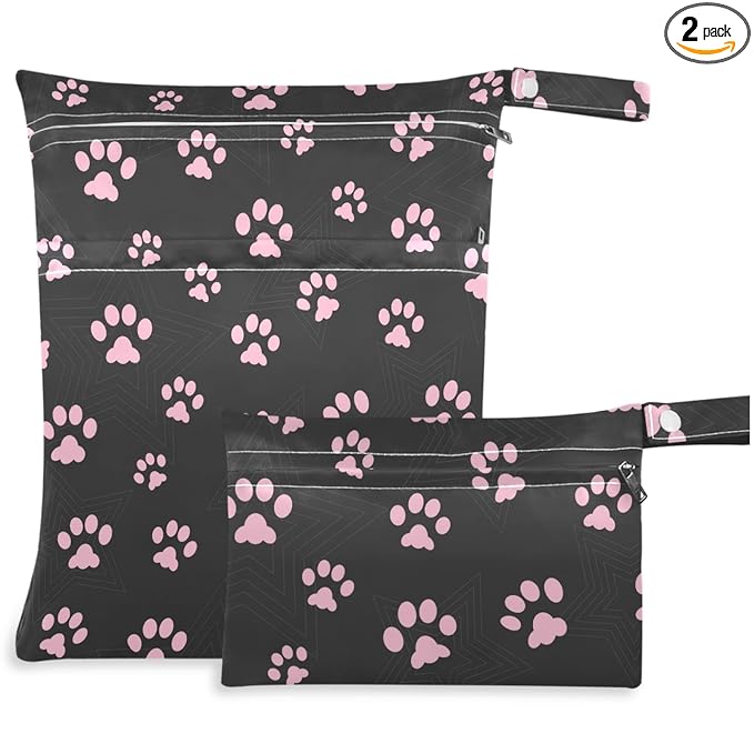 visesunny 2Pcs Wet Bag with Zippered Pockets Cat Footprint Washable Reusable Roomy Diaper Bag for Travel,Beach,Pool,Daycare,Stroller,Diapers,Dirty Gym Clothes, Wet Swimsuits, Toiletries