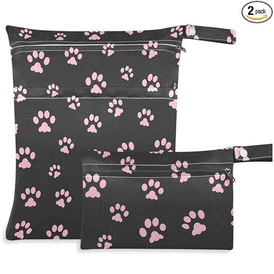 visesunny 2Pcs Wet Bag with Zippered Pockets Cat Footprint Washable Reusable Roomy Diaper Bag for Travel,Beach,Pool,Daycare,Stroller,Diapers,Dirty Gym Clothes, Wet Swimsuits, Toiletries