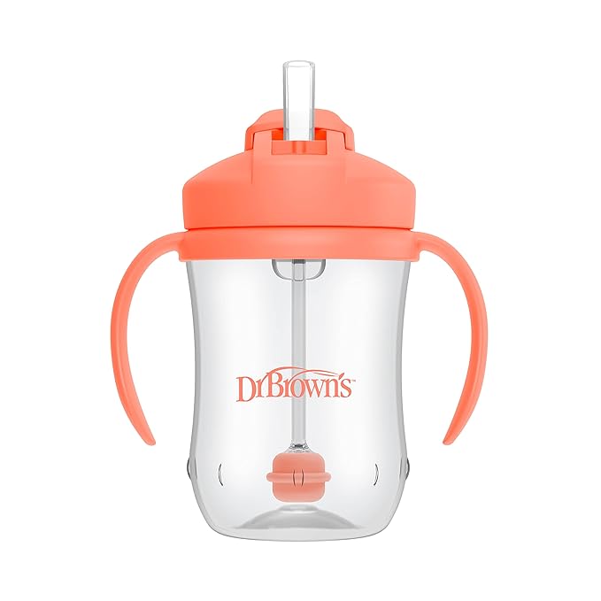 Dr. Brown's Milestones Wide-Neck Sippy Straw Bottle with 100% Silicone Handles and Weighted Straw & Dr. Brown’s Milestones Baby’s First Straw Cup, Training Cup with Weighted Straw, Coral, 6m+