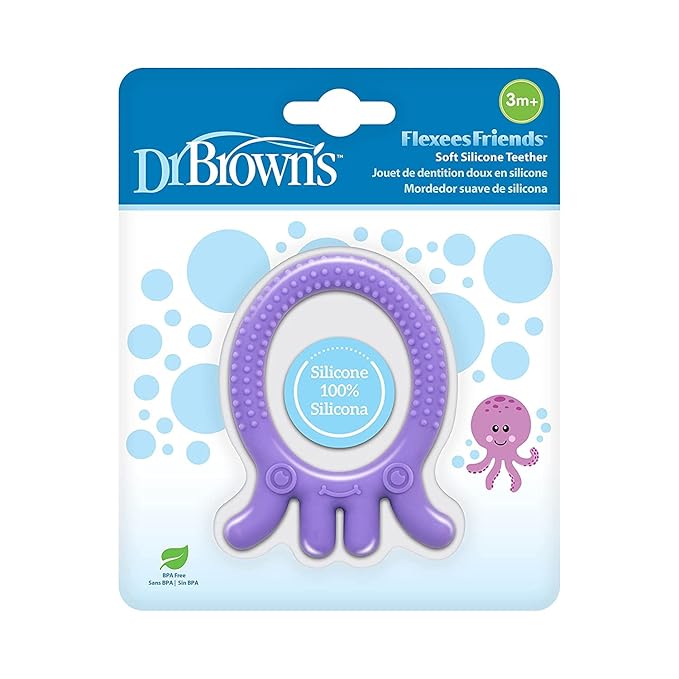 Dr. Brown’s Natural Flow® Anti-Colic Options+™ Wide-Neck Baby Bottle, Ocean Design, 9 oz/270 mL, Level 1 Nipple, 2-Pack, 0m+ with Flexees Friends Silicone Teether, Purple Octopus