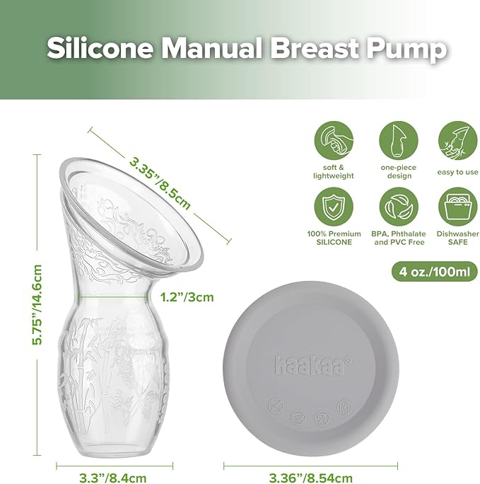 haakaa 100 ml Silicone Breast Pump with Lid, Transparent Manual Breast Pump, Healthy and Harmless, Save Every Drop of Breast Milk