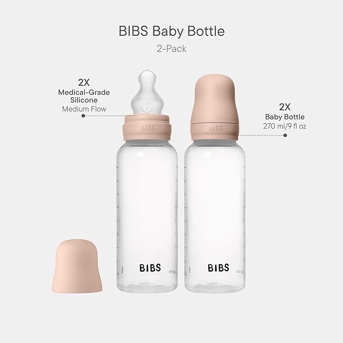 BIBS Baby Bottles 2-Pack, 9.1 Oz, Silicone Nipple, Anti-Colic System for Gas Reduction., BPA-Free, Lightweight & Easy to Clean, Suitable for Newborns 0+ Years - 270 ml (Pack of 2) Blush