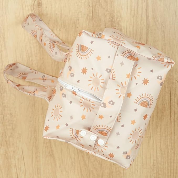 MOMIGO Wet Dry Bags for Baby Cloth Diapers - Reusable, Washable for Stroller, Diapers, Toiletries, Travel Bags, Beach, Pool, Gym Bag Large Size 10.6 * 6.7 * 8.7 inch (Sun)