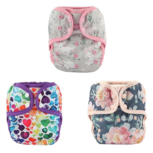 3 Baby Diaper Covers Nappies One Size 10lbs to 36lbs (Rabbits Floral)