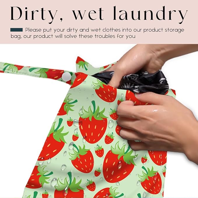 Wet Bag, Wet Dry Bag, Waterproof Swim Bags, Machine Washable Reusable Bags for Beach, Pool, Diapers, and Dirty Yoga Gym Clothes(Green & Red Strawberry Print