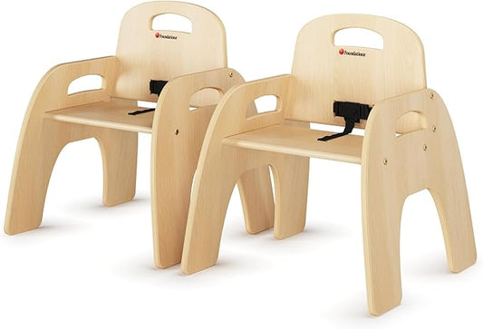 Foundations Simple Sitter Low Wood Feeding Chairs Multipack, Wide No-Tip Base, Adjustable Safety Harness, Stackable Wood Toddler Chairs with Wipeable Finish, 2 Pack, 11 inch