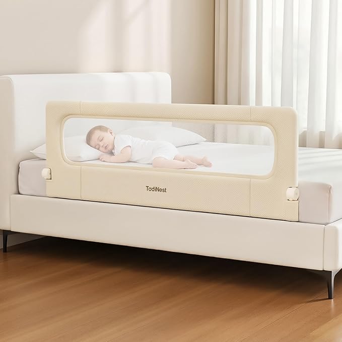Folding Bed Rail for Toddlers, Baby Bed Rail Guard with Reinforced Anchor Safety System, Toddler Bed Rails for King Size Beds, Twin, Full, Queen (Khaki, 59" L x 21.6" H)