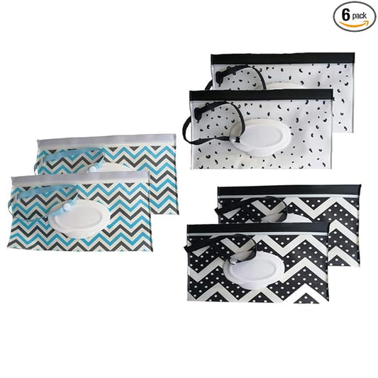 6 Pack Portable Wet Wipe Pouch Dispenser,Reusable & Refillable Portable Baby Lightweight Wipes Holder Case,Handy & Eco Friendly Travel Wipes Bag (Blue & Black & White)