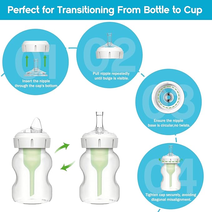 Sippy Straw Nipple for Dr. Brown's Wide-Neck Baby Bottles & Sippy Spout Bottles,Leak-Proof Replacement Silicone Bottle Nipple BPA-Free, 8m+, 4 Count