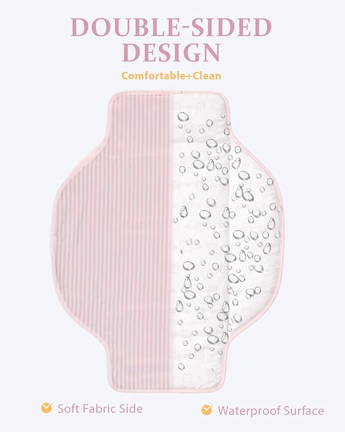 PZU Portable Diaper Changing Pad - Waterproof Travel Changing Mat with Built-in Pillow, Gifts for Baby Shower, Newborn Girls & Boys（Pink Stripes）