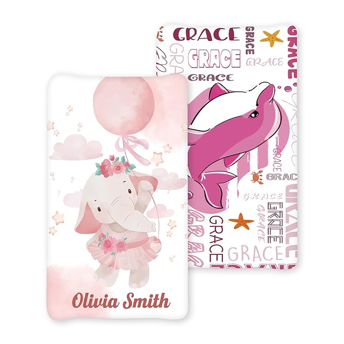 Personalized Baby Changing Pad Cover with Name - 2 Piece Baby Pee Pad Cover for Diaper Changing Table, Portable Pink Elephant Shark Custom Gifts for Infant Baby