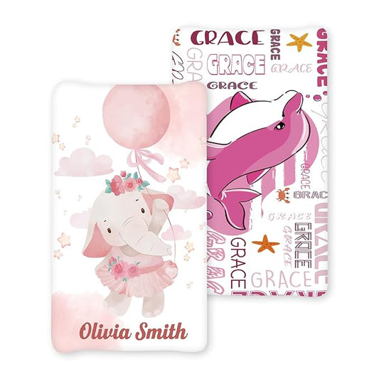 Personalized Baby Changing Pad Cover with Name - 2 Piece Baby Pee Pad Cover for Diaper Changing Table, Portable Pink Elephant Shark Custom Gifts for Infant Baby