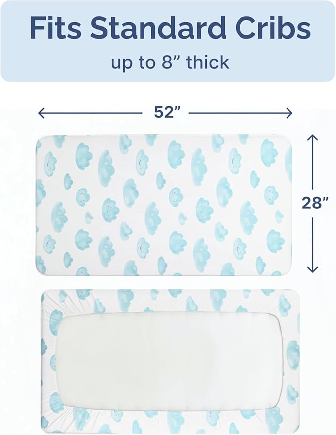 Baby Crib Sheets for Boys & Girls - Pack of 2 Fitted Microfiber Crib Sheets for Standard Crib & Toddler Mattress - Soft, Breathable and Wrinkle Free - Machine Washable - Oeko Tex - 52x28x8in - Clouds