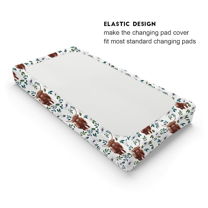 Highland Cows White Poppy Changing Pad Cover Cute Yak Boho Floral Diaper Changing Table Cover Sheets for Boys Girls Soft Breathable Stretchy Fitted Changing Table Mats 32''x16''