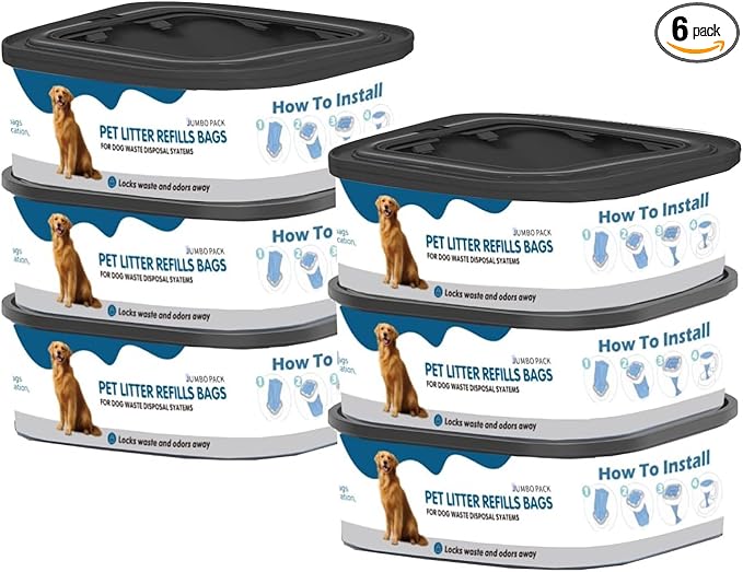 6 Pack Jumbo Square Refills Disposal Bags Refill, 42FT refill Pet Waste Bags Compatible with Pet Dogs Genie Dog Waste Disposal System Pails for Outdoor and Indoor