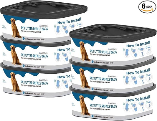 6 Pack Jumbo Square Refills Disposal Bags Refill, 42FT refill Pet Waste Bags Compatible with Pet Dogs Genie Dog Waste Disposal System Pails for Outdoor and Indoor