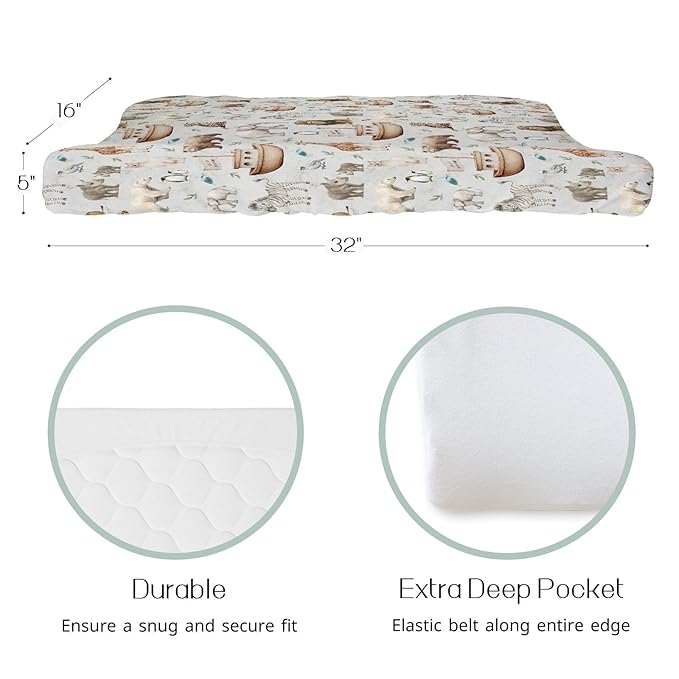 HawSkgFub Noah’s Ark Animal Boat Changing Pad Cover for Baby Girl Boy, Natural Elephant Bear Giraffe Rhino Ship Diaper Change Table Covers, Soft Safe Snug Fitted Changing Mat Sheets Fit 32"/34" x 16"
