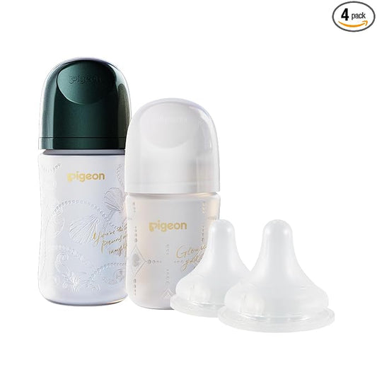 Pigeon Glass Baby Bottle Feeding Gift Set with Silicone Coating, Nurture & Nest, Anti-Colic Wide Neck & Latch-On Nipple, 2 Bottles (5.4/8.1 Oz) and 2 Extra Stage 2/4 Nipples