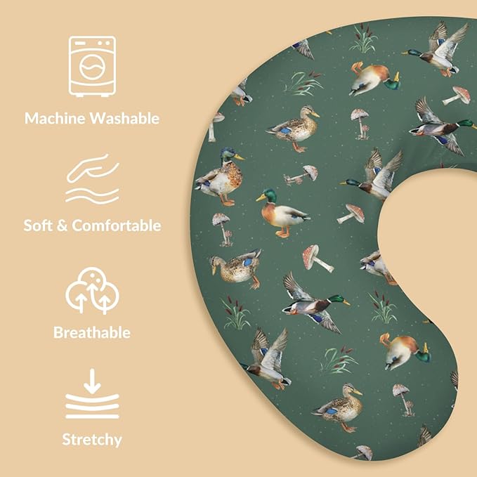 Watercolor Mallard Duck Reeds Mushroom Nursing Pillow Covers Boy Hunting Ducks Stretchy Nursing Covers for Breastfeeding Hunting Season Soft Comfortable Pillows Slipcover for Boys Girls