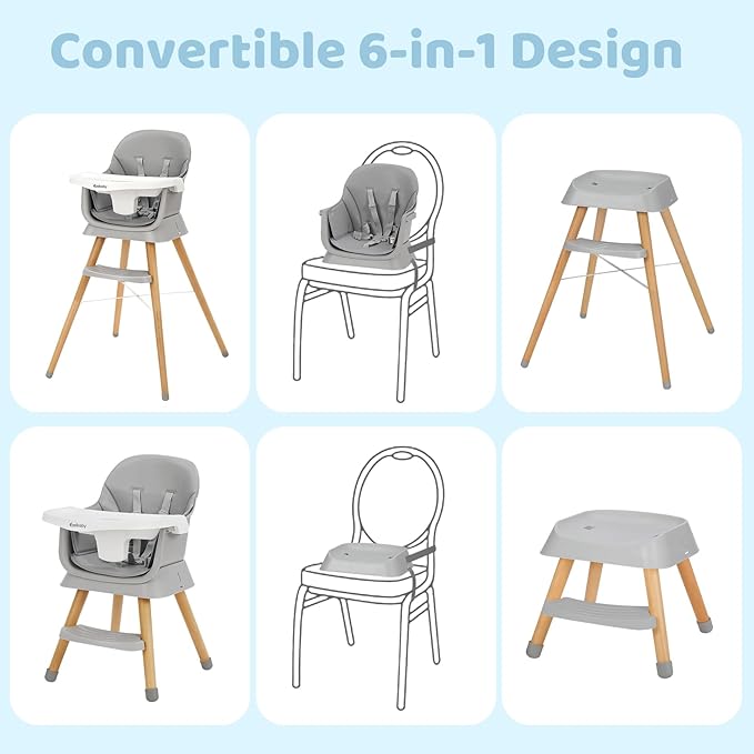 Ezebaby 6 in 1 Wooden High Chairs for Babies and Toddlers, Convertible Portable High Chair, Booster Seat for Dining Table,Toddlers Chair with Adjustable Legs & Dishwasher Safe Tray