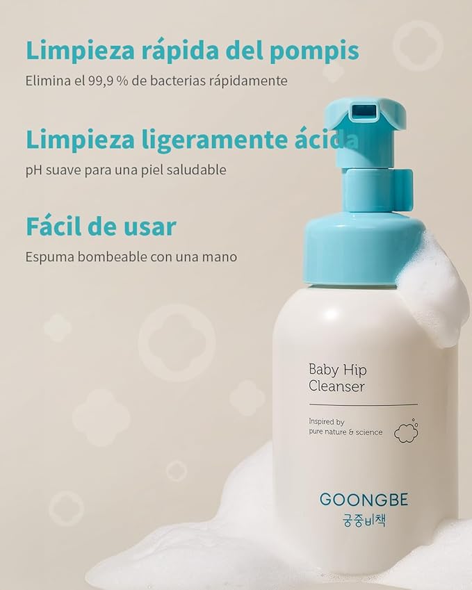 GOONGBE Baby Diapering Cleanser - Korean Baby Hip Buttocks Wash for Baby's Sensitive Skin - Dermatologically Tested - pH 5.5 Soft and Dense Bubble Foam, 10.1 fl.oz.
