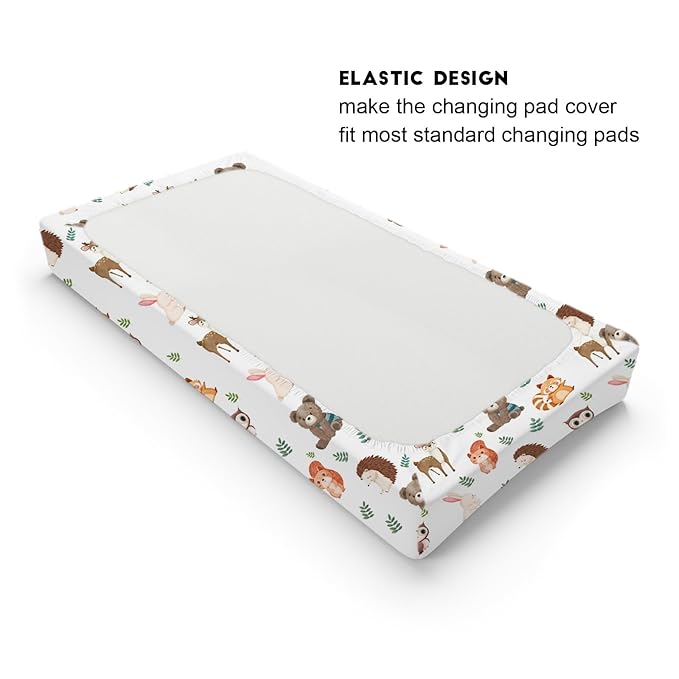 Cartoon Animals Leaves Changing Pad Cover Cute Bear Raccoon Squirrel Deer Rabbit Hedgehog Owl Change Table Cover for Boys Girls Soft Stretch Fitted Diaper Changing Mat Sheets 32''x16''