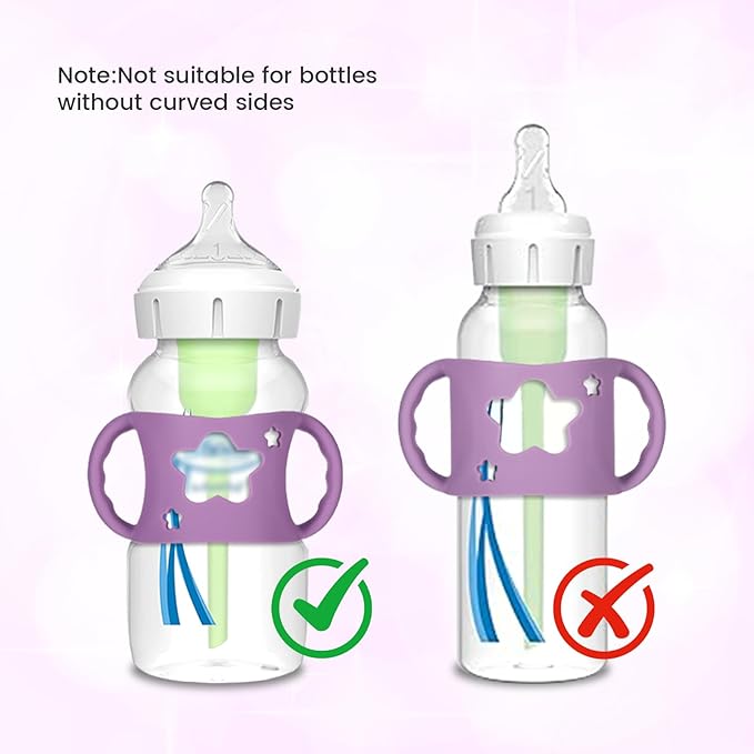 4 Pack Baby Bottle Holder for Dr Brown Wide-Neck Bottle with Easy Grip Handles Soft Silicone Star-Shaped Bottle Holder for Baby Self Feeding - BPA-Free (White Pink Purple Green)