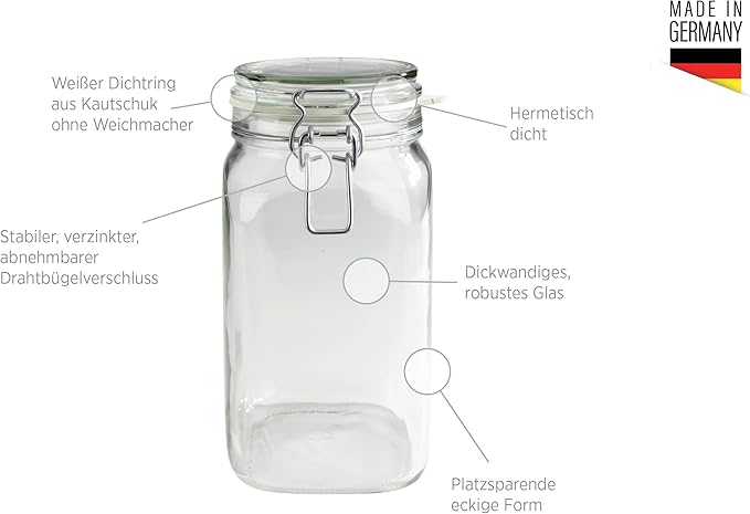 MÄSER, Gothika Series, 6 x 1.45 litres Medium Storage Glasses with Swing Top, Edged Gherkin Clip Top Glass Jars
