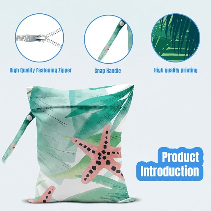 Wet Dry Bag, Wet Bag for Swimsuit, Travel, Beach, Pool, Diapers, Dirty Yoga Gym Clothes, Makeup Bag, Tropical Starfish Summer Vacation Essentials
