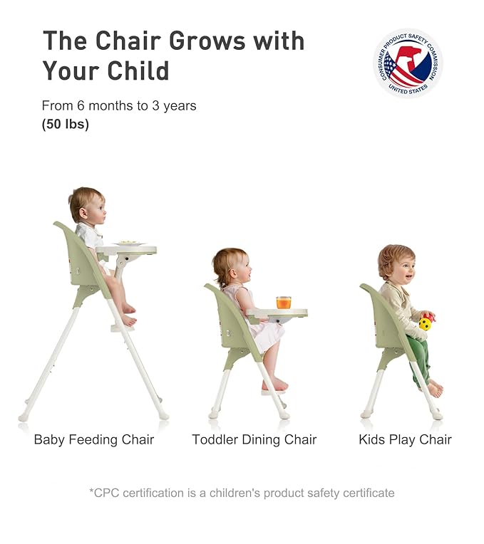 Mallify Foldable High Chair, Space-Saving Portable Baby High Chair with Removable Double Tray, Modern Convertible Baby Feeding Chair, Lightweight, Easy to Clean, Green