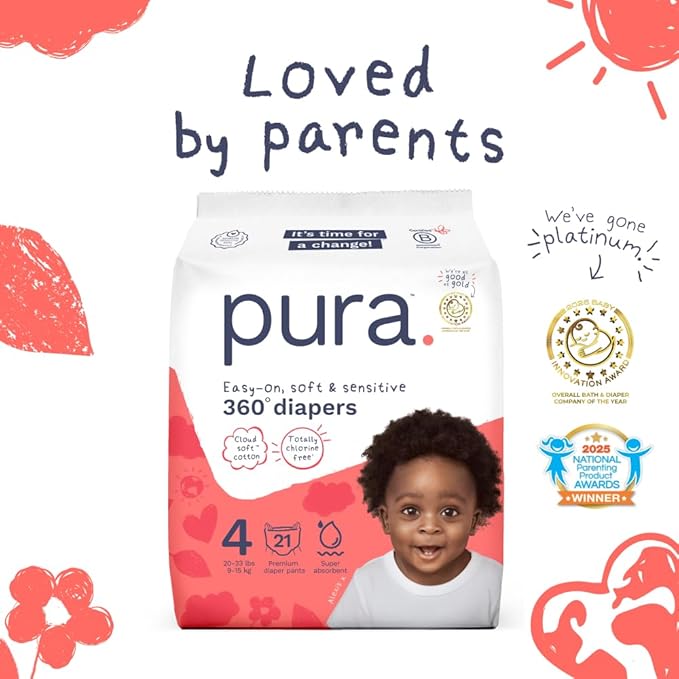 Pura 360° Diaper Pants Size 4, 63 Count, 20-33lbs, TCF, Stretch Fit, Pull On Diaper for Hypoallergenic & Sensitive Skin, Up to 12 Hours Overnight Leak Protection