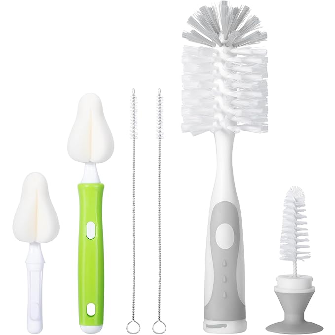 CAREBABYMORE Baby Bottle Brush with One Base Hidden Nylon Nipple Cleaner, 2 Pcs Sponge Nipple Brushes, 2 Pcs Straw Brushes, Bottle Brush with Nipple Cleaner and Suction Cup (Gray)