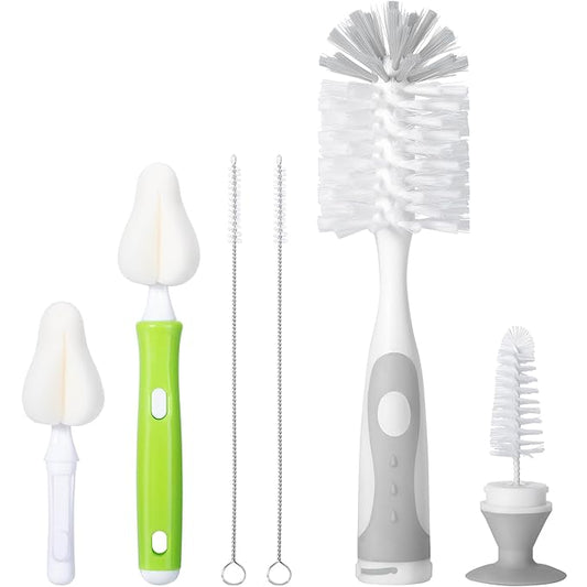 CAREBABYMORE Baby Bottle Brush with One Base Hidden Nylon Nipple Cleaner, 2 Pcs Sponge Nipple Brushes, 2 Pcs Straw Brushes, Bottle Brush with Nipple Cleaner and Suction Cup (Gray)