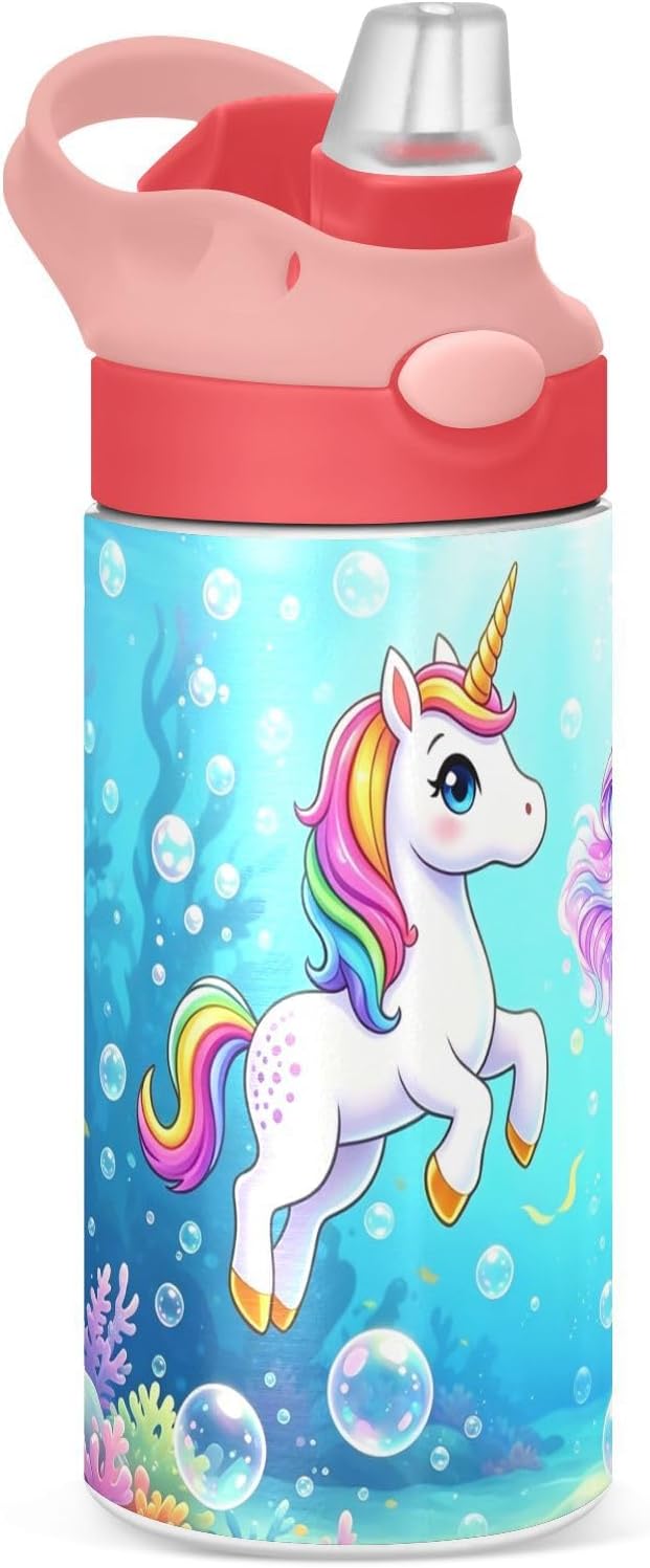 Unicorn Cat with Wings Insulated Water Bottle 20 oz with Straw and Carry Handle Galaxy Space Stars Boys Girls Bottle Vacuum Stainless Steel Bottles Leak-Proof for Sports Travel and School