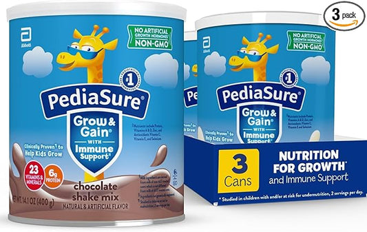 PediaSure Grow & Gain with Immune Support Shake Mix Powder, 23 Vitamins & Minerals, 6g Protein, Non-GMO, Gluten-Free, Chocolate, 14.1 oz Can, Pack of 3-24 servings