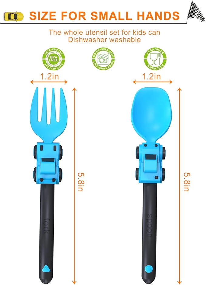 Deinyi Construction Toddler Utensils - Toddler Forks and Spoons - Kids Construction Truck Utensils - Forks and Spoons Silverware Set - Christmas Birthday Gift for 1 2 3 4 5 year old, Blue