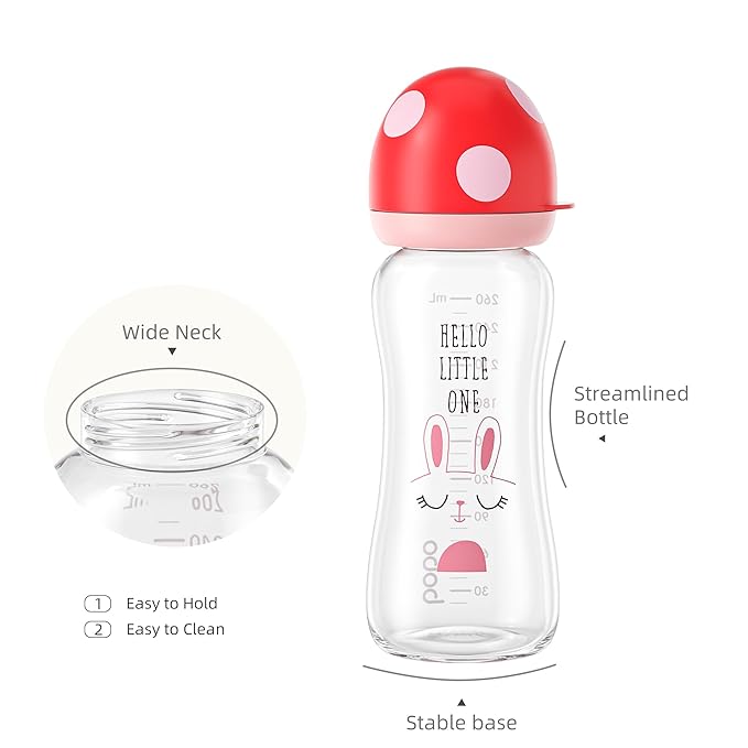 YOHKOH Natural Glass Baby Bottle with Level 2 Medium Flow Nipple, Newborn Anti-Colic Baby Bottles, Wide Neck Mushroom Baby Glass Bottle (8.8ounce (Pack of 2), Red1)