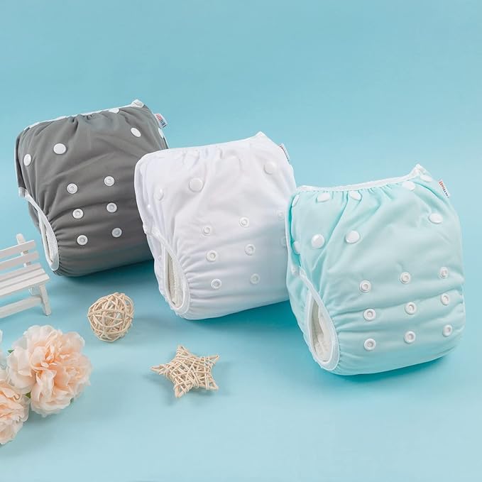 ALVABABY Baby Swim Diapers 3pcs Large Size Reuseable Washable & Adjustable for Swimming Lesson & Blue Gray White 3ZSWY18