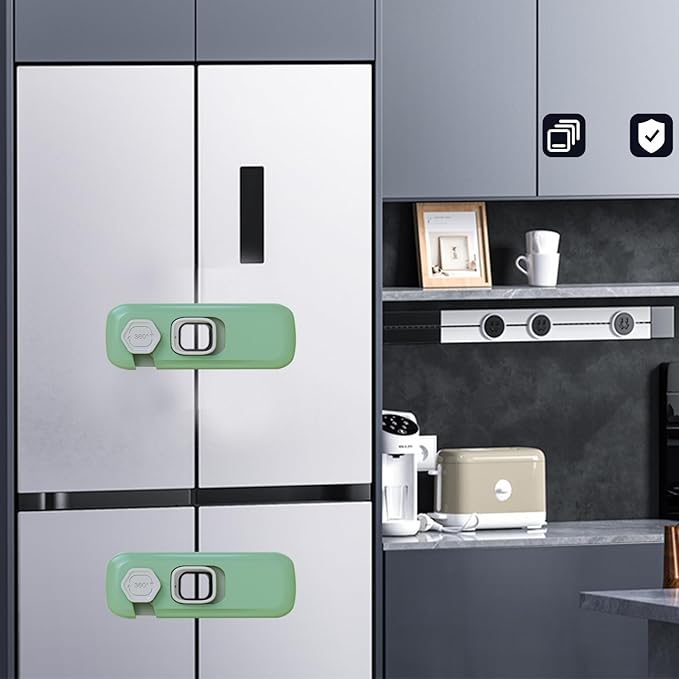 Fridge Locks with Self Adhesive, Refrigerator Latch for Kids, Toddlers and Children, Child & Baby Proofing Freezer Door Lock for, Cabinets and Drawers, Oven, Windows (Green-2pack)