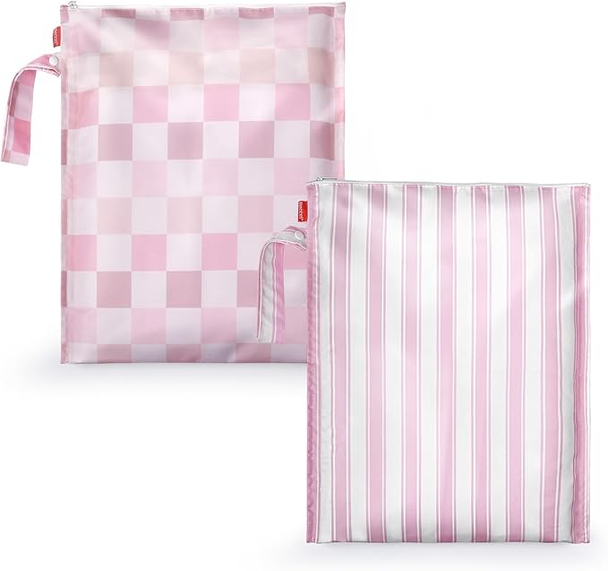HECCEI Wet Dry Bag, 2-Pack Reusable Waterproof Wet Bags for Swimsuits & Baby Clothes, Leakproof Cloth Diaper Wet Bags for Travel & Diaper Changes (Pink Picnic)