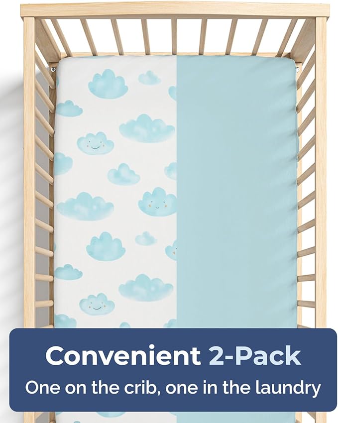 2-Pack Mini Crib Sheets Fitted - Pack N Play Sheets for Pack and Play Mattress - Stretchy Soft Microfiber Playard Bedding - Mini Toddler Bed Cover Boys & Girls - Easy-Fit, Oeko-Tex, 38 x 24in - Clouds