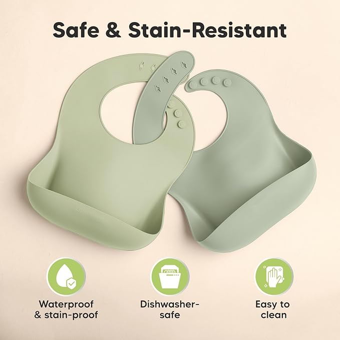 KeaBabies 2-Pack Silicone Bibs for Babies, Toddlers Girl, Boy – Sturdy Food-Grade Baby Bibs for Eating, Large Food Catcher, Clean & Put On Easily, Waterproof Toddler Feeding Essentials (Sage)