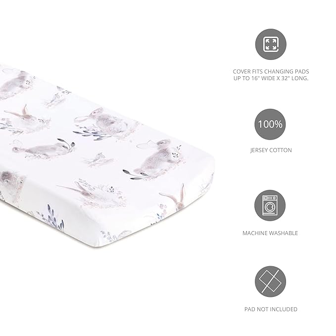 Oilo Changing Pad Cover, Breathable Organic Cotton Fitted Jersey, 300 Thread Count, Machine Washable, Fits Standard Changing Pads (32" x 16"), Girl, Boy, & Neutral Nursery Design, Cottontail
