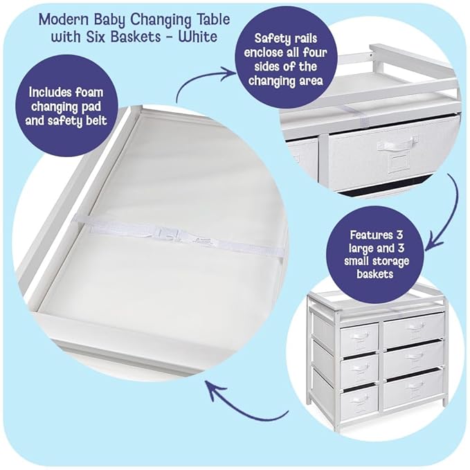 Badger Basket Modern Baby Changing Table - Diaper Station Organizer with 6 Storage Drawers, Reversible Baskets, Safety Rails - Baby Nursery Furniture with Changing Pad and Belt - White