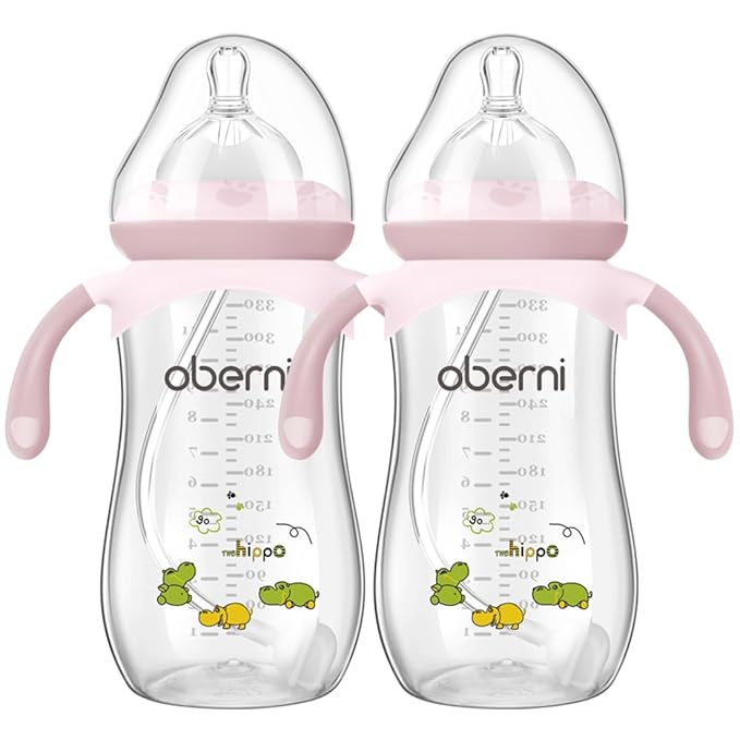 Oberni Toddler Milk Bottle 330ml/11oz, Anti-Colic Baby Bottle with Fast Variable Flow Nipple for 12 Months, Weigthed Straw, Non-Slip Handle, Pink/2Pack