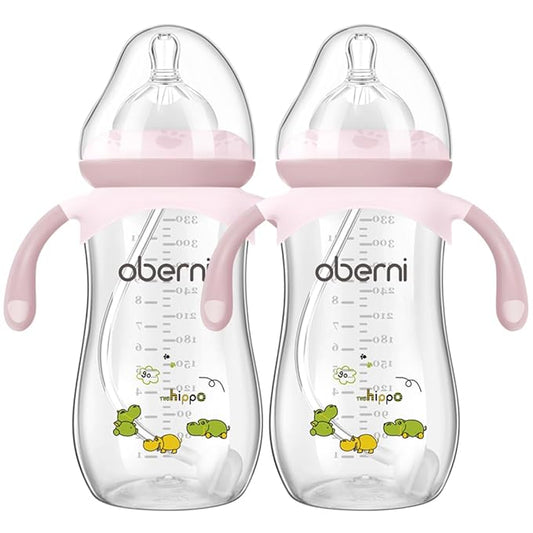 Oberni Toddler Milk Bottle 330ml/11oz, Anti-Colic Baby Bottle with Fast Variable Flow Nipple for 12 Months, Weigthed Straw, Non-Slip Handle, Pink/2Pack