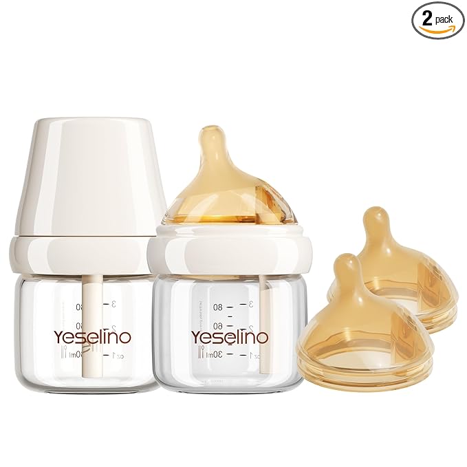 Natural Nursing Glass Baby Bottle - with Anti-Colic Vent System - BPA-Free, 3 oz with Slow Flow Nipple, 0-6 Months, 2 Pack (Includes 4pcs Nipples)