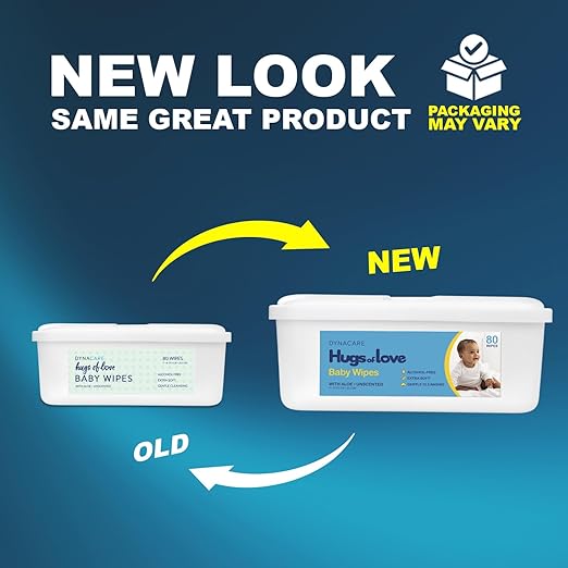 Dynarex DynaCare Hugs of Love Baby Wipes - Unscented - Large - Alcohol-Free Wipes with Aloe & Lanolin, Safe for Sensitive Skin - 80 Wipes per Tub, 12 Tubs per Case