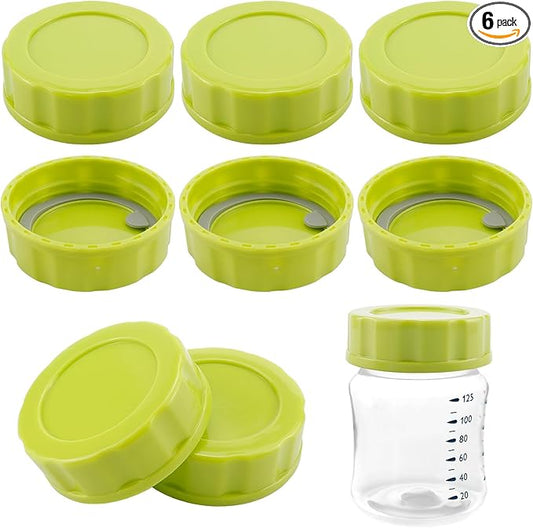 6pcs Baby Bottle Caps with Sealing Gasket, Travel and Storage Bottle Lids Airtight Replacement Caps for Wide Neck Glass Bottles (Green)